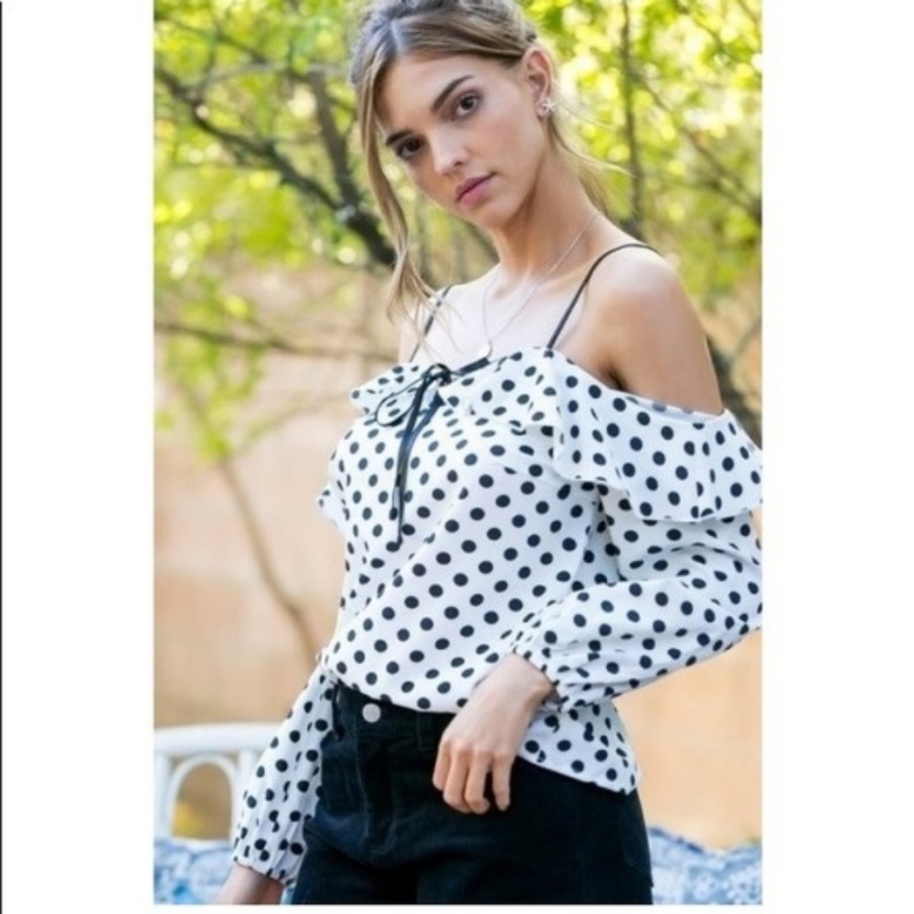 On The Spot Polka Dot Cold Shoulder Blouse Top - Picture 3 of 7